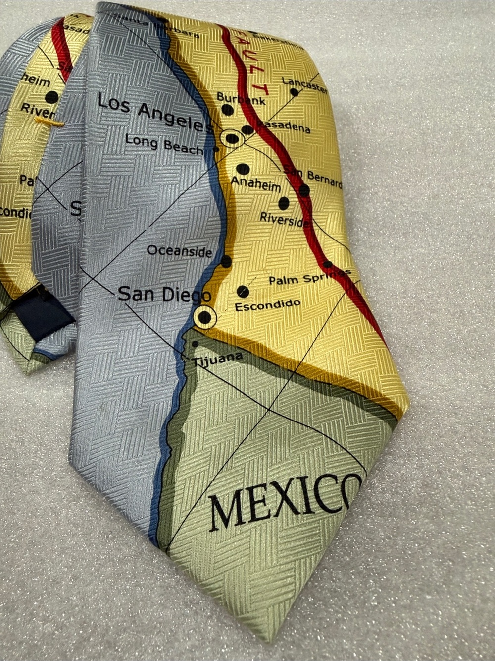 Map Print Silk Neck Tie in Yellow and Gray SAN ANDREAS FAULT unique JOSH BACH